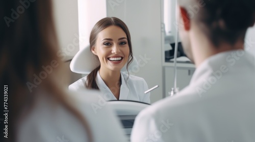 Woman Checking Smile in Dentist Mirror After Teeth Cleaning and Consultation Generative AI