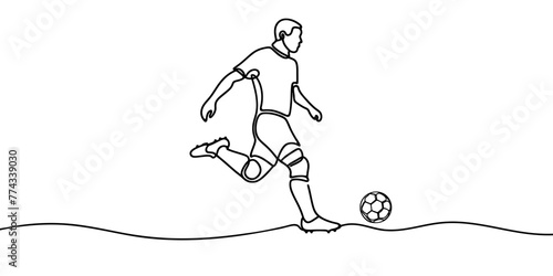 Football Continuous line drawing. Illustration shows a football player kicks the ball. Soccer. Vector illustration