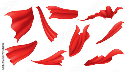 Woman superhero silhouette set. Scarlet fabric silk cloak. Mantle costume or cover cartoon vector illustration