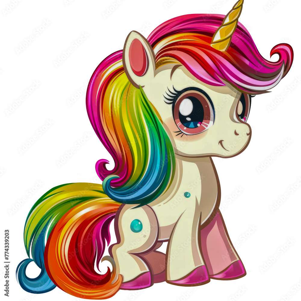 Colorful unicorn cartoon with a magical horn cut out on transparent background