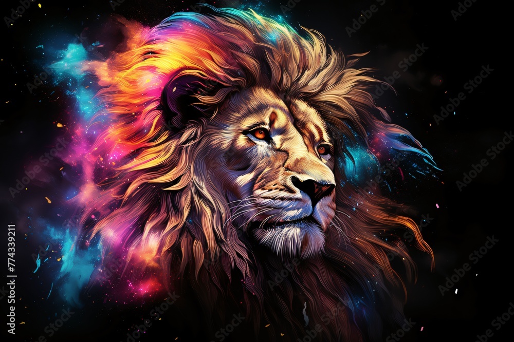 Lion head with colorful fire effect on black background. Fantasy illustration
