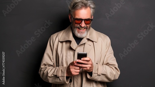 Laughing mature man with grey hair and trendy glasses holding a phone.