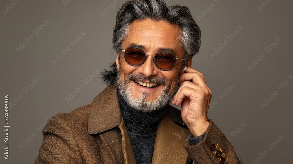 Stylish mature man with phone and chic coat. Stylish mature man with phone and chic coat.