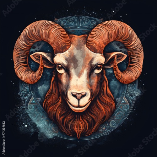 Zodiac sign Aries. Portrait of a ram on a black background.