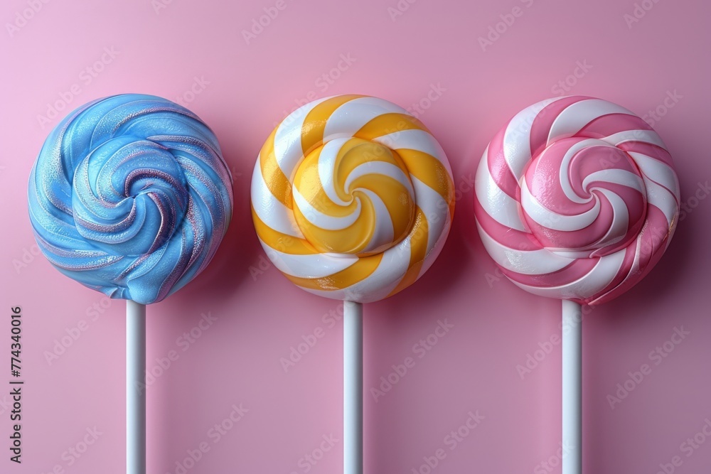 Set of candy, cotton candy, sweet lollipop, and swirled caramels. 3d modern icon.
