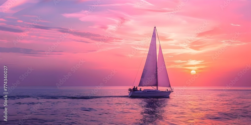A couple enjoys a romantic sunset cruise on a sailboat along the coast with the horizon in the background . Concept Romantic Sunset Cruise, Sailboat Adventure, Coastal Scenery, Horizon Views
