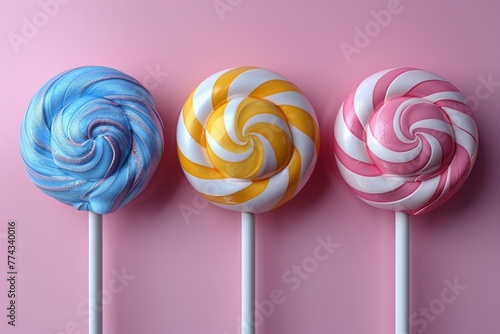 Set of candy, cotton candy, sweet lollipop, and swirled caramels. 3d modern icon. photo