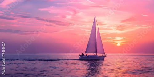 A couple enjoys a romantic sunset cruise on a sailboat along the coast with the horizon in the background . Concept Romantic Sunset Cruise, Sailboat Adventure, Coastal Scenery, Horizon Views