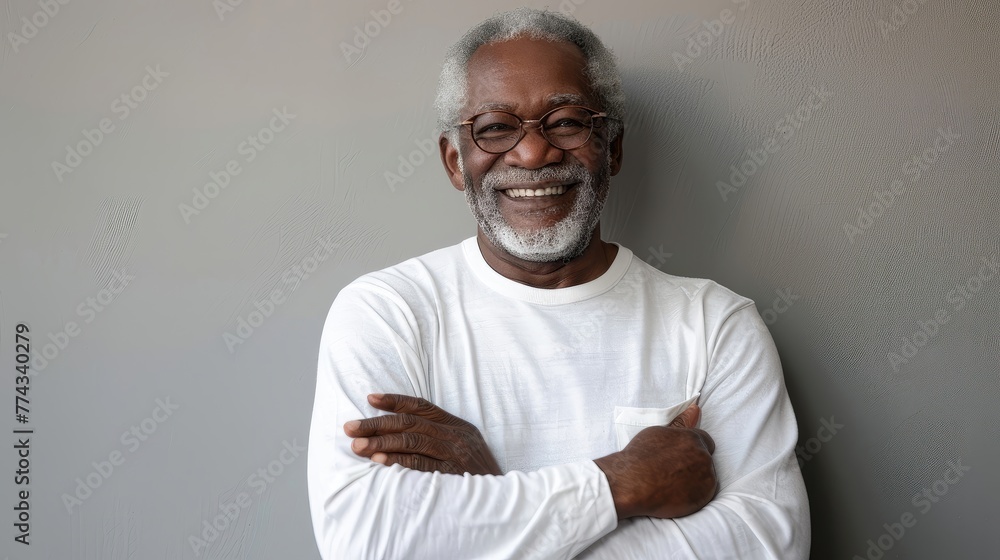 Senior man with a bright smile, crossed arms in a white shirt. Senior man with a bright smile, crossed arms in a white shirt.