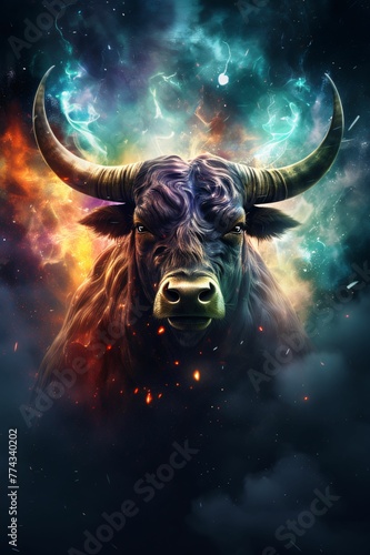 Fantasy portrait of a cow with horns, fire and smoke.