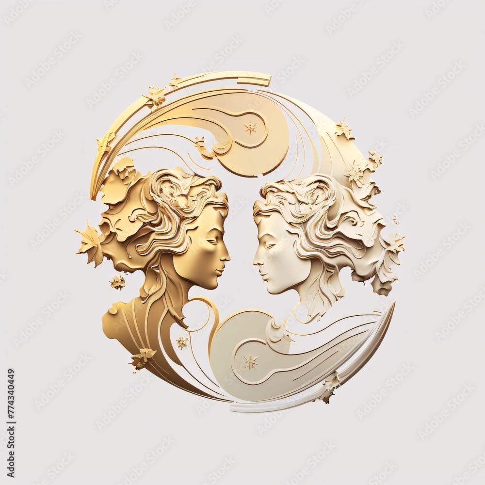 Vector illustration of two female heads with gold patterns on white background.