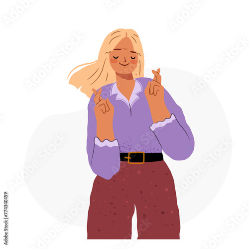 Superstitious young woman makes a hopeful gestures with fingers crossed. Hand drawn illustration
