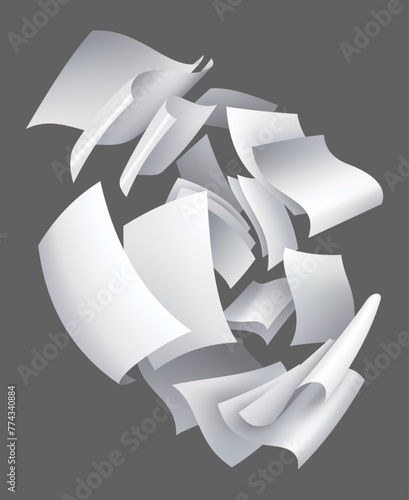 Realistic falling paper sheets. Set of flying curved leaves of paper. Vector loose soar of notes with curled edges. Fly scattered notes, empty chaotic paperwork