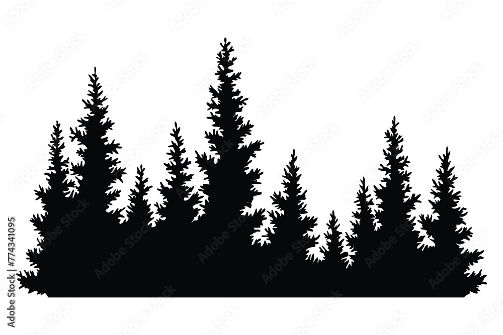 Fir trees silhouette. Coniferous spruce horizontal background pattern, black evergreen woods vector illustration. Beautiful hand drawn panorama of coniferous forest - obrazy, fototapety, plakaty 