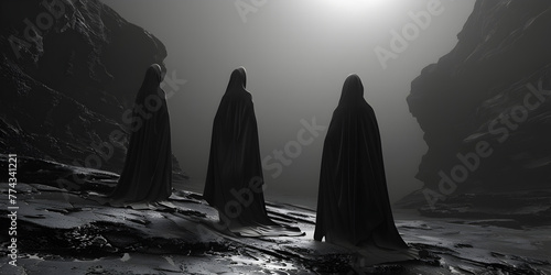 Mysterious foggy landscape with three women in black and white silhouette group of people walking through a dark forest.