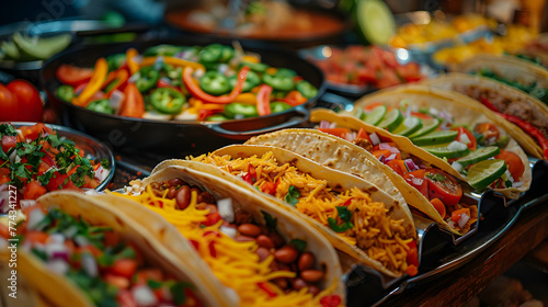 A close-up of traditional Cinco de Mayo foods being prepared, the frame filled with the rich colors and textures of Mexican cuisine, an integral part of the festival's activities 