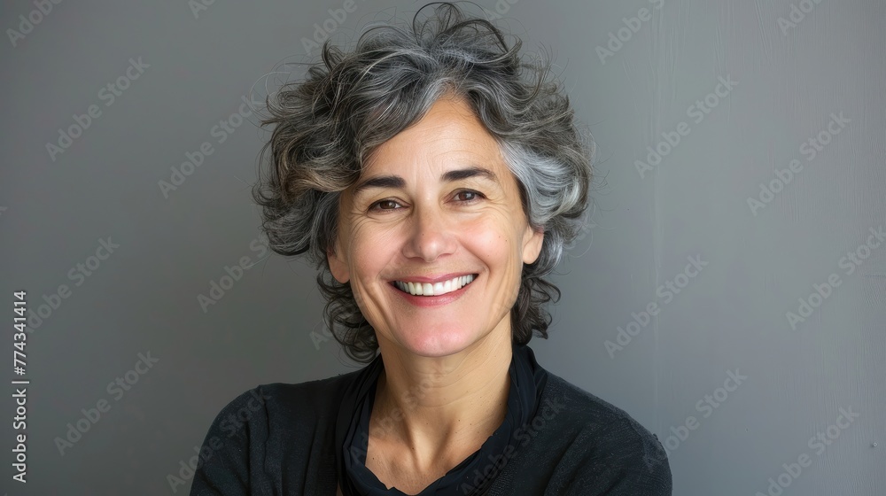 Fototapeta premium Smiling mature woman with curly grey hair, casual style.