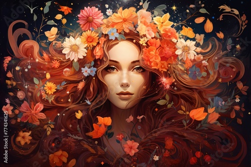Portrait of a beautiful girl with flowers in her hair. Beauty, fashion.
