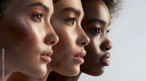 Diverse Beauty Portrait Series. Three Women Side by Side. Multiracial harmony in a simple, elegant studio setting. Celebrating diversity. Photorealistic digital art. AI