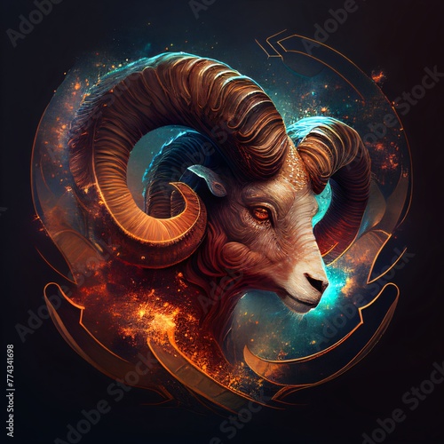 Mouflon zodiac sign with fire effect on dark background.