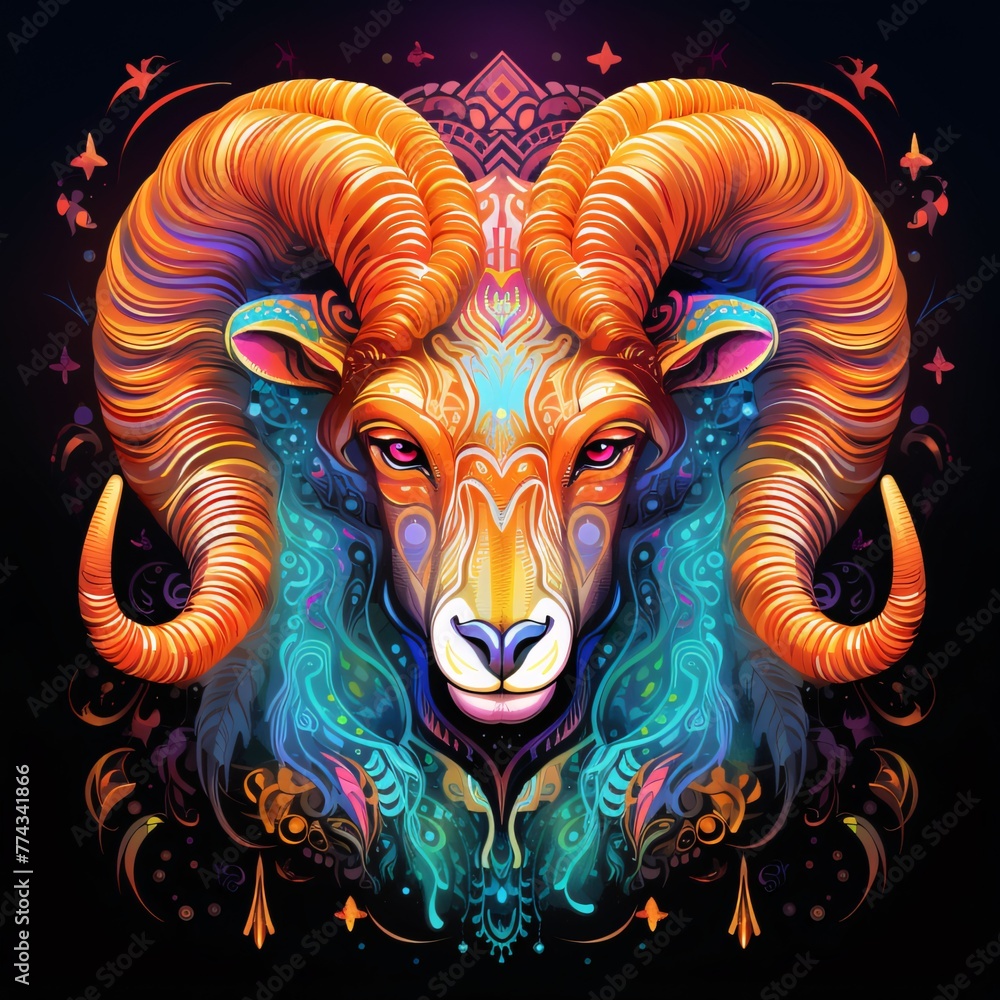 Ram head with colorful ornament. Vector illustration for t-shirt design, tattoo or print.