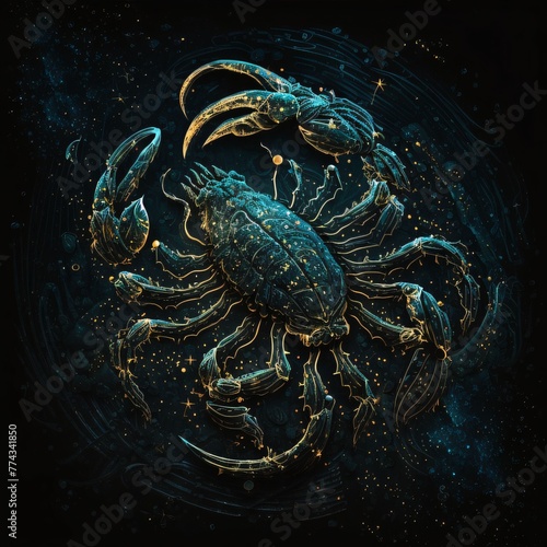 Illustration of a scorpion on a dark background. Zodiac signs.
