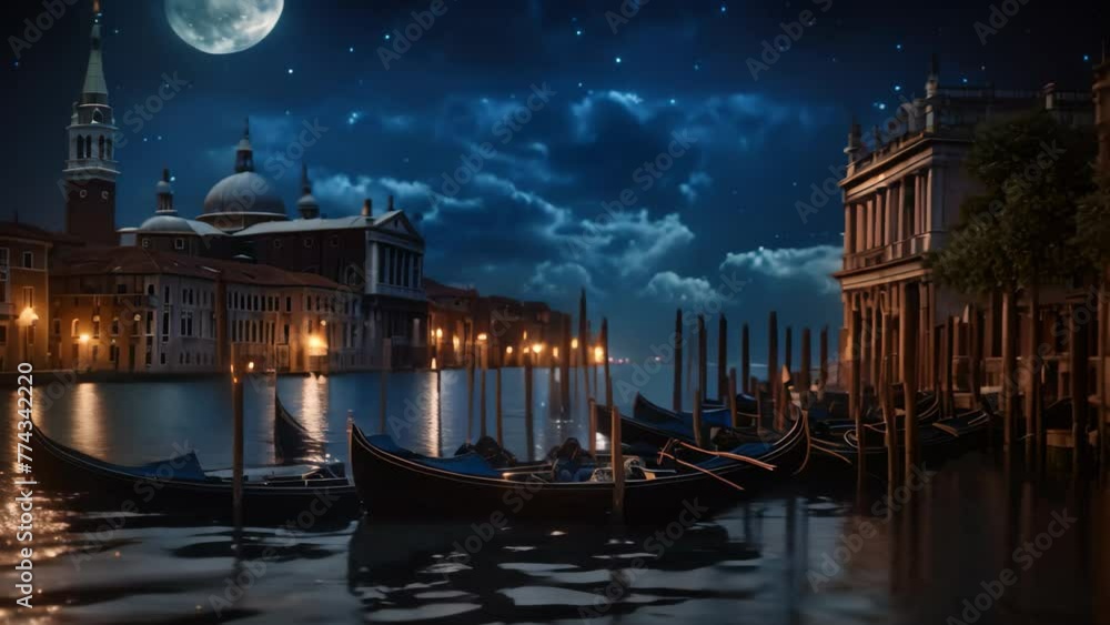 Gondolas in Venice at night with full moon. 3D rendering, Elegant ...