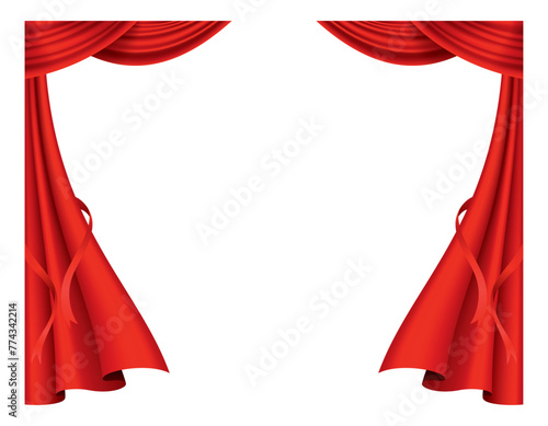 Red curtains realistic. Theater fabric silk decoration for movie cinema or opera hall. Curtains and draperies interior decoration object. Isolated on transparent for theater stage