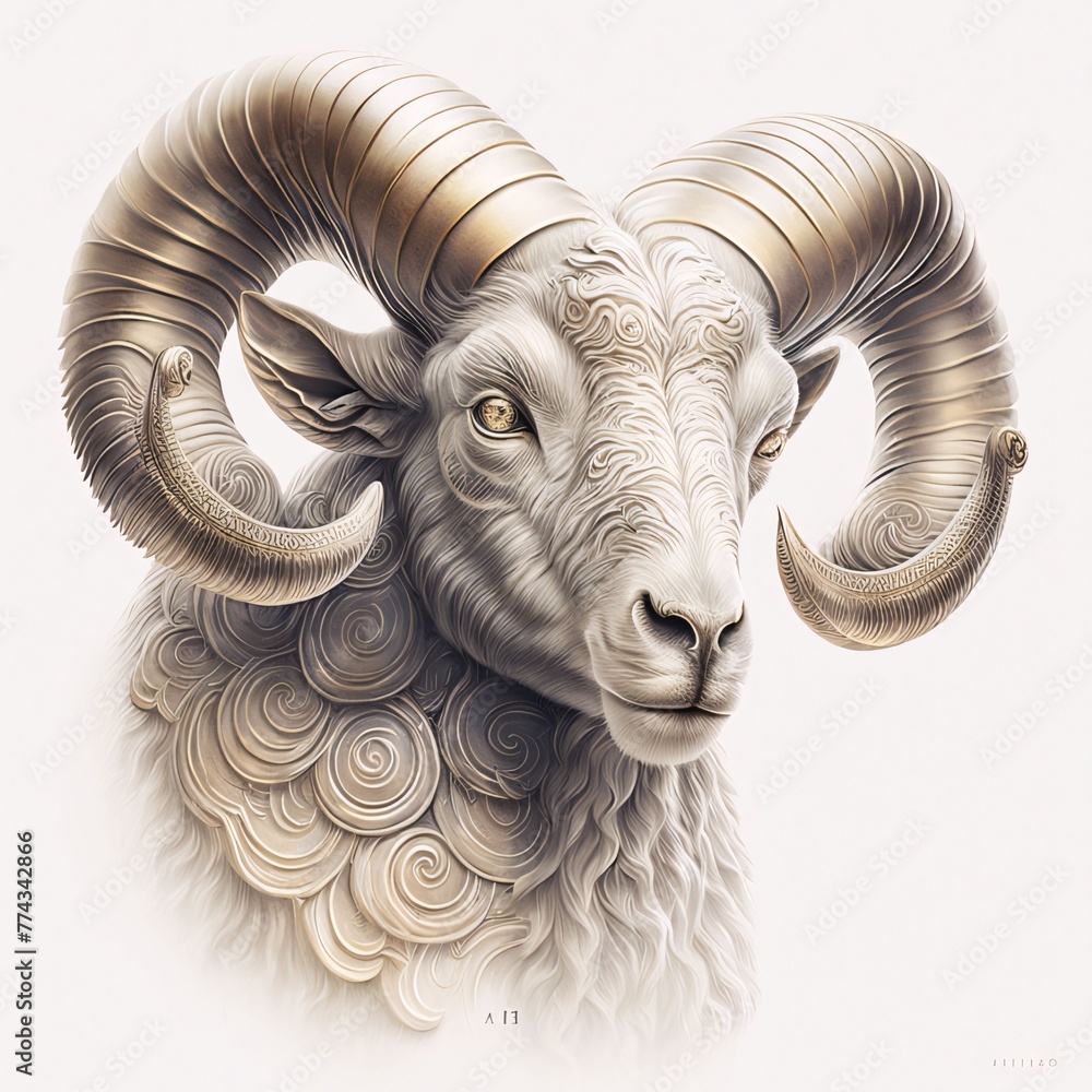 Sheep head with golden pattern on white background. 3d illustration