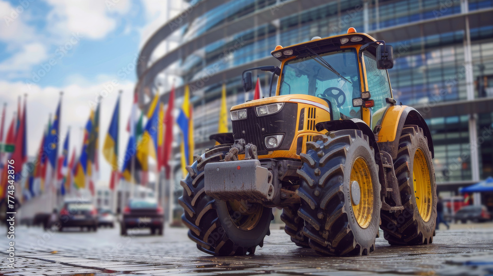 Fototapeta premium Large Tractor Driving Down City Street