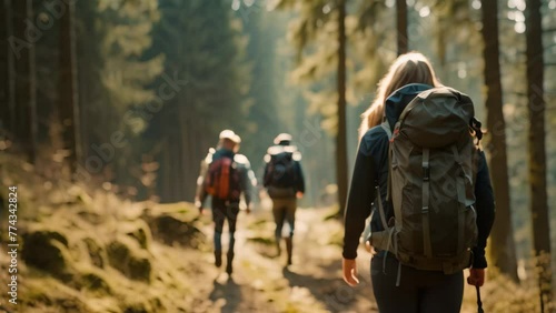 Wallpaper Mural A group of individuals enjoying a hike together amidst the serene beauty of the forest, Friends hiking with backpacks and hiking poles on remote trail in woods, AI Generated Torontodigital.ca