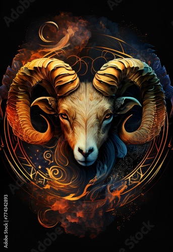 Ram head with fire effect on a black background. Digital painting.