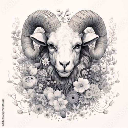 Ram head with flowers and leaves. Hand-drawn illustration for your design photo