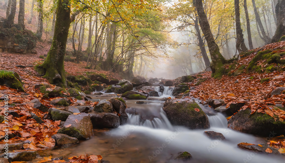 Autumn forest with a waterfall and fallen leaves in the foreground.