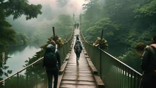 A group of people walking across a suspension bridge against a scenic backdrop, Group of trekkers cross the bridge, AI Generated photo