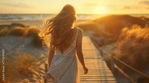 Back view portrait of lonely girl walking on a boardwalk in beach at evening with warm sunset photo
