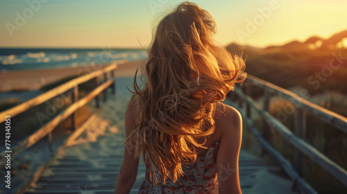 Woman walking in beach at sunset, Back view portrait of young girl walking on wooden boardwalk in evening, hair blowing with wind and glowing with sun light