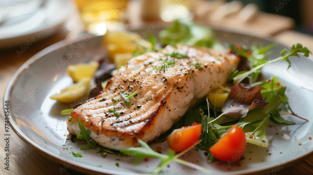 A grilled fish steak photography for a magazine cover, advertising banner. A grilled fish steak photography for a magazine cover, advertising banner.