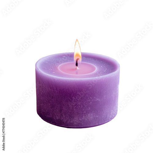 Purple candle with a lit flame in the center