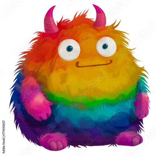 Colorful furry monster with a friendly smile cut out on transparent background