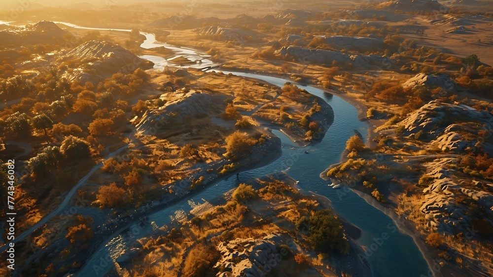 Mountain Majesty: A Bird's-Eye View of a Meandering River Amidst Towering Peaks
