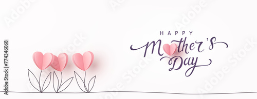 Mother's day postcard with paper tulips flowers and calligraphy text on light pink background. Vector symbols of love in shape of heart for greeting card, cover design © Kindlena