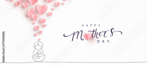 Mother's day postcard. Mum hugs baby continuous one line contour with paper flying hearts on light pink background. Vector symbols of love for mom greeting card design