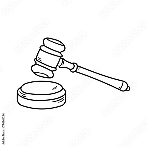 Judge gavel vector icon in doodle style. Symbol in simple design. Cartoon object hand drawn isolated on white background.
