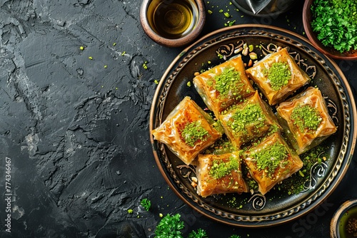 Arabic sweets with pistachio and cheese Top view plenty of space photo