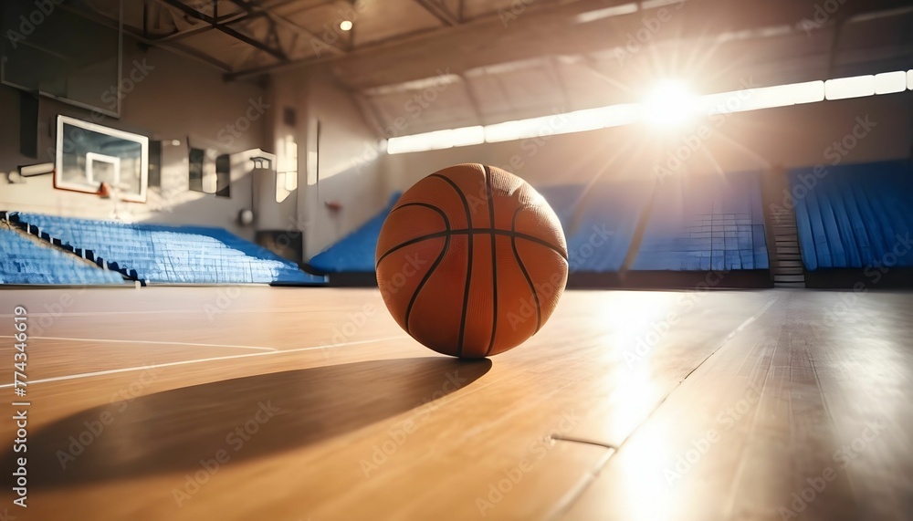 Basketball ball lying on the floor on sports arena, a stadium with sun light coming into the gym created with generative ai. Basketball ball lying on the floor on sports arena, a stadium with sun light coming into the gym created with generative ai.
