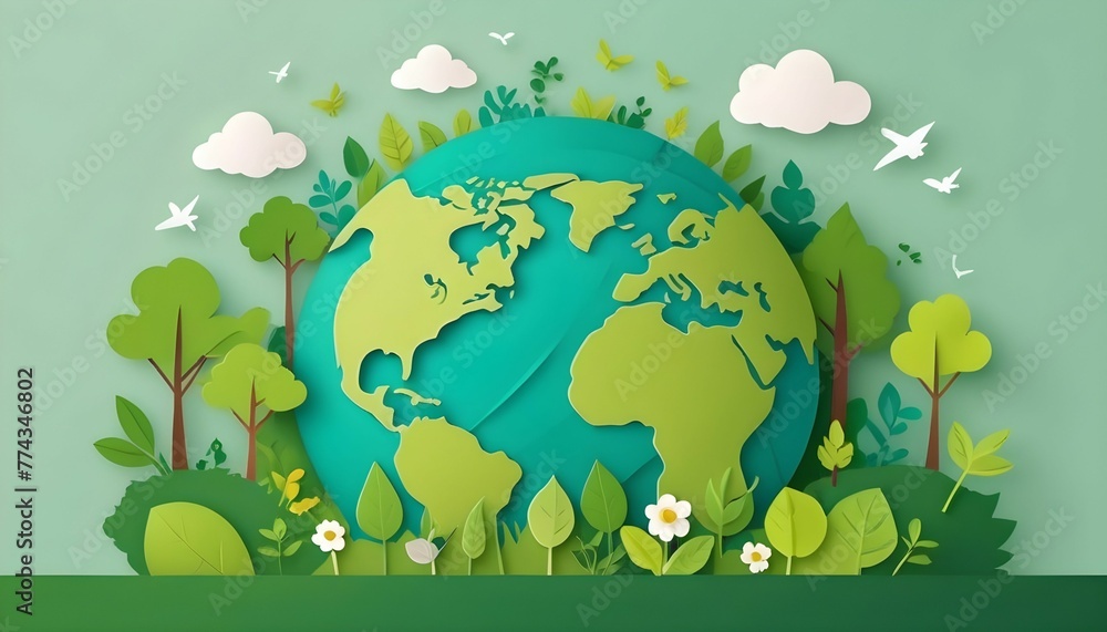 Green world paper cute style with Copy space, Earth day banner, and World Environment Day concept web banner background created with generative ai.