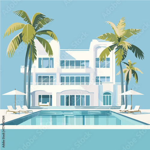 Modern hotel with palm trees and a pool