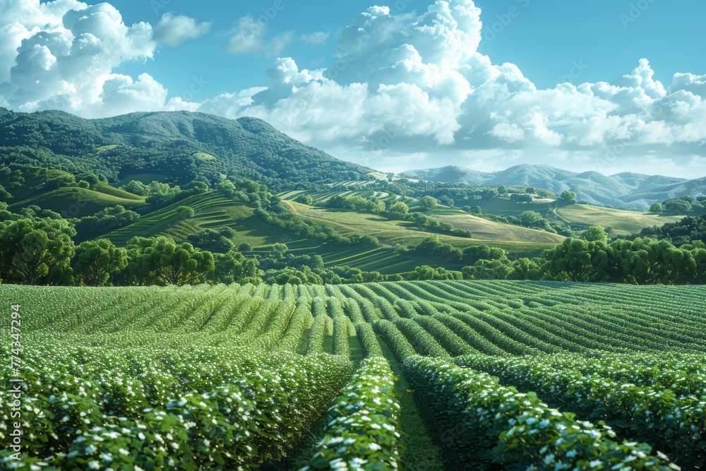 Agricultural landscape modern background in 3D