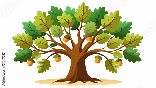 Oak Tree with Acorns and Leave, Vector graphics element silhouette illustration